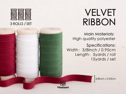 Vitalizart Christmas Velvet Ribbon Set 3/8" x 15 Yd Wooden Spool Fabric Trim 3 Rolls * 5 Yd for Christmas Wreath Decoration Handmade Craft Ornaments Gift Wrapping & Bow Making