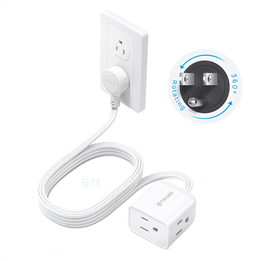 TROND Flat Extension Cord 6ft with 360° Rotating Plug, ETL Listed 3 Prong Power Strip, Low Profile Three Outlets, 13A, SPT 16/3 Gauge, Small for Tight Spaces Indoor Home Office Cruise Travel, White