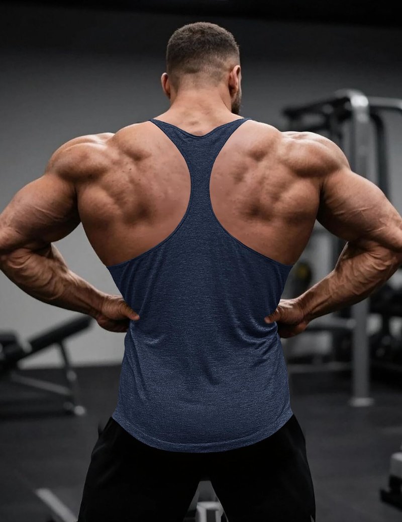 Muscle Cmdr Men's 3 Pack Stringer Tank Tops Bodybuilding Y-Back Gym Fitness Workout Training Running T-Shirts Athletic Quick Dry Top (Black,Grey,Blue,Thin Shoulder, 2XL)