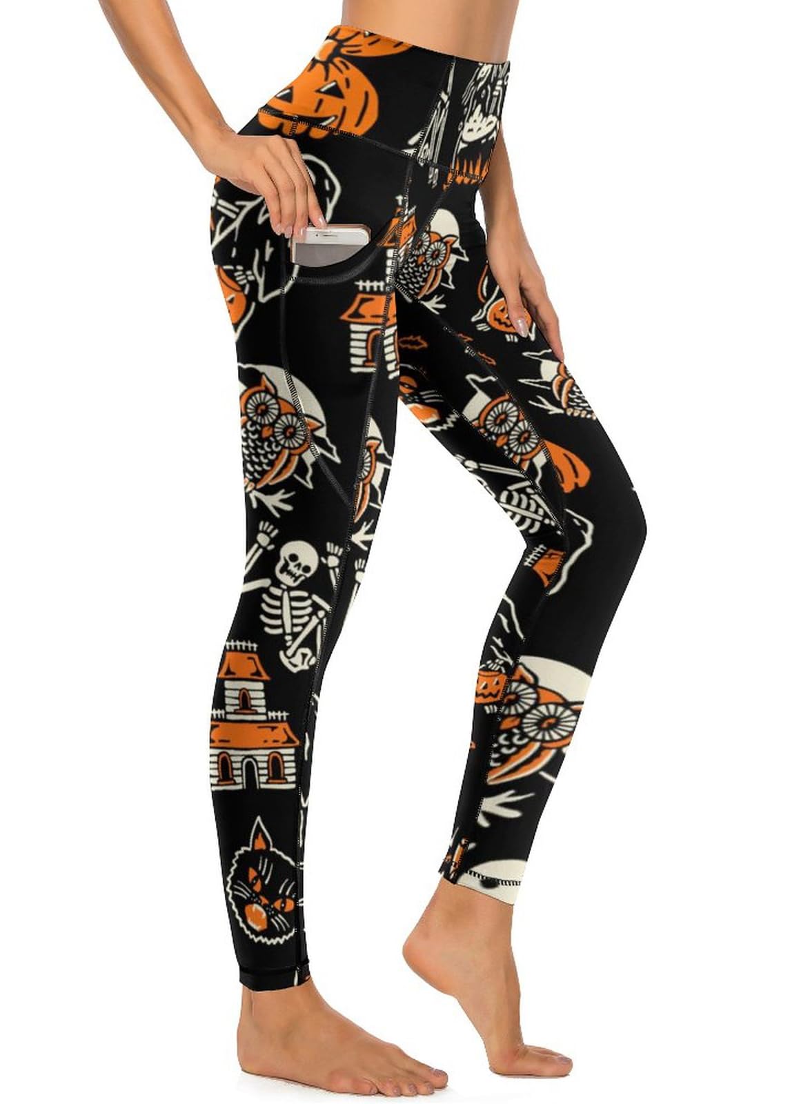 QIVICIMA Women High Waist Workout Leggings Halloween Printed Gym Athletic Tummy Control Yoga Pants with Pockets 1 A9 Halloween M