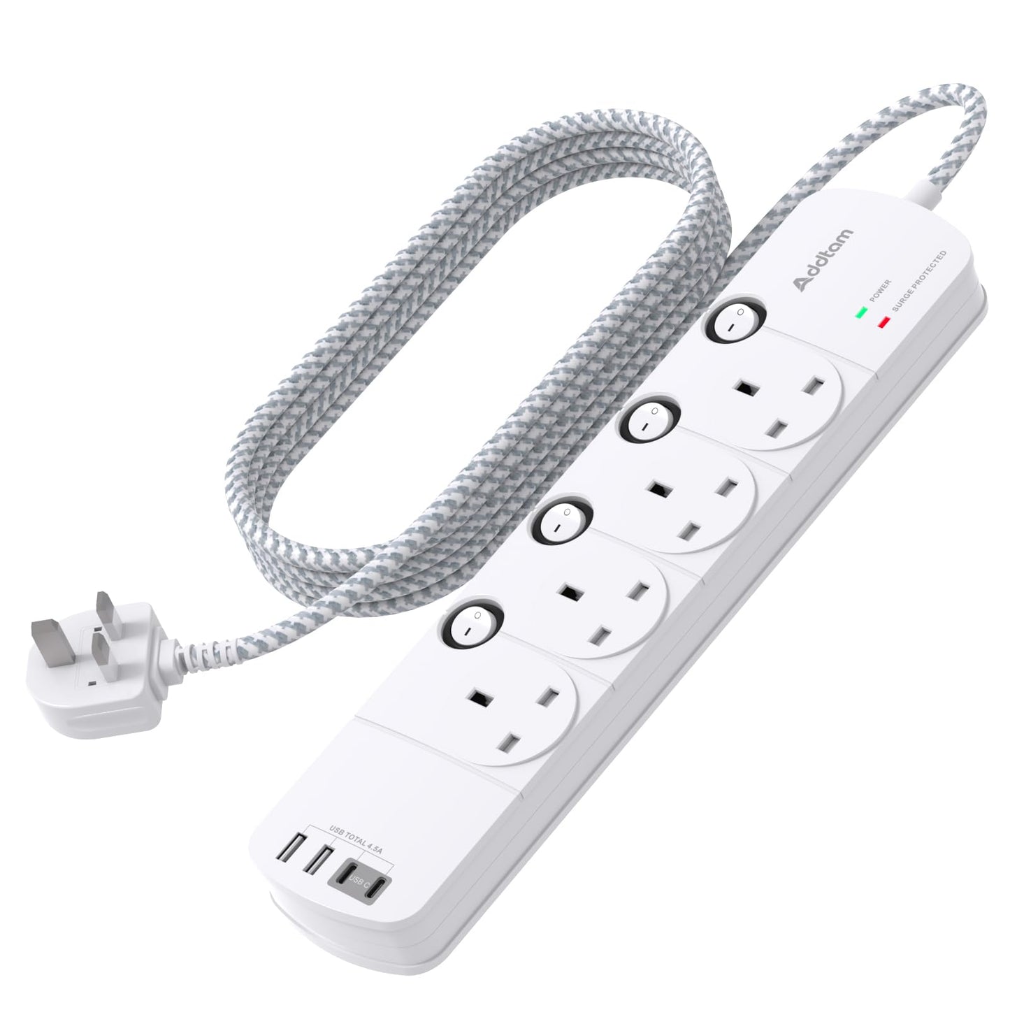 1.8M Extension Lead, 4 Way Socket Outlets Power Strips with 4 USB (2 Type C & 2 USB A), 1050J Surge Protection Multi Plug Extension with Braided Extension Cable for Home, Office, Individually Switched