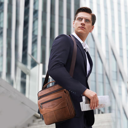 SPAHER Men Leather Handbags Shoulder Bags Messenger Business Bag Crossbody Satchel Sling Waterproof Travel Bag Daily Man Bag with Adjustable Shoulder Strap for Ipad 11 Inch Brown