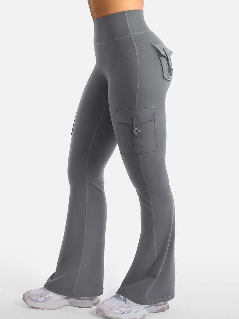 YEOREO CoreFlex Women Workout Flare Leggings with Pockets Hidden Scrunch High Waisted Cargo Gym Yoga No Front Seam Leggings Grey S