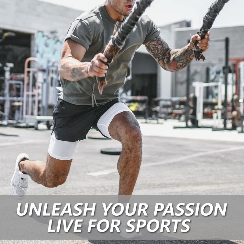 JWJ Men's 2 in 1 Workout Running Shorts 7 Inch Lightweight Athletic Gym Shorts with Compression Liner Camouflage Khaki L