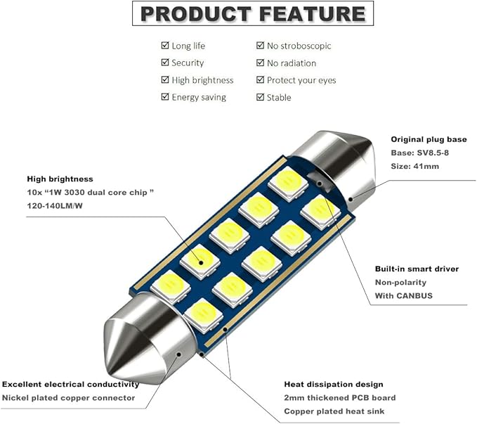 41MM 42MM Festoon 211-2 569 578 6411 6000K White Extra Bright LED Bulbs for Car Interior Lights License Plate Map Dome Trunk Door Courtesy Light 10-SMD Chipset Canbus Error Free