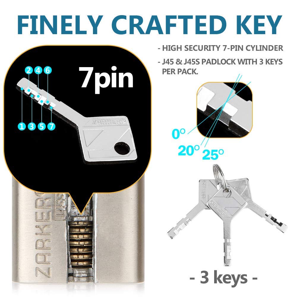 Zarker J45S keyed Padlock, Heavy Duty Stainless Steel Shackle Lock, 3 Keys, Waterproof and Rustproof Storage, Warehouses, Garage, Outdoors, 1-Pack
