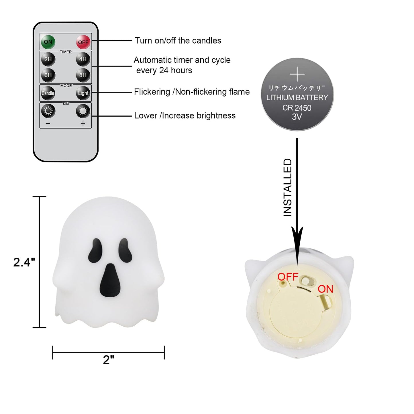 DRomance Halloween Ghost Lights Flameless Candles Battery Operated with Remote and Timer 6 Pack Spooky White LED Votive Candles Dimmable Light Halloween Indoor Decoration(2 x 2.4 Inches)