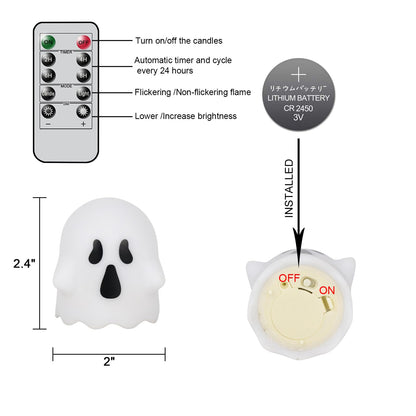 DRomance Halloween Ghost Lights Flameless Candles Battery Operated with Remote and Timer 6 Pack Spooky White LED Votive Candles Dimmable Light Halloween Indoor Decoration(2 x 2.4 Inches)