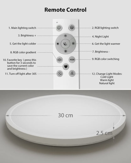 30CM LED Ceiling Light Dimmable, 24W 3200LM Bathroom Lights Ceiling with Remote Control, RGB Color Changing, 3000-6500K, Timer & Memory, Round Flush Ceiling Lamp for Bedroom Living Room Kitchen