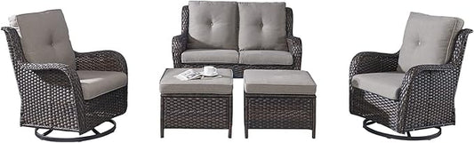 Rilyson Wicker Patio Furniture Set - 5 Piece Rattan Outdoor Sectional Conversation Sets with 2 Rocking Swivel Chairs,2 Ottomans and 1 Loveseat for Porch Deck Garden(Brown/Grey)