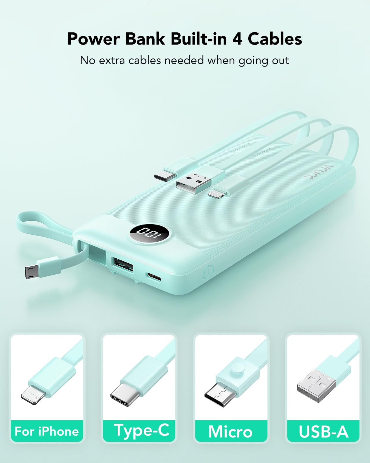 VRURC Portable Charger with Built in Cables, Slim Power Bank 10000mAh, USB C Battery Pack Travel Essential, 5 Outputs 2 Inputs Phone Charging Bank for iPhone 16 15 14 13,Samsung,Android-Black(1 Pack)