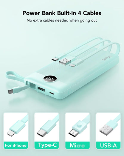 VRURC Portable Charger with Built in Cables, Slim Power Bank 10000mAh, USB C Battery Pack Travel Essential, 5 Outputs 2 Inputs Phone Charging Bank for iPhone 16 15 14 13,Samsung,Android-Black(1 Pack)