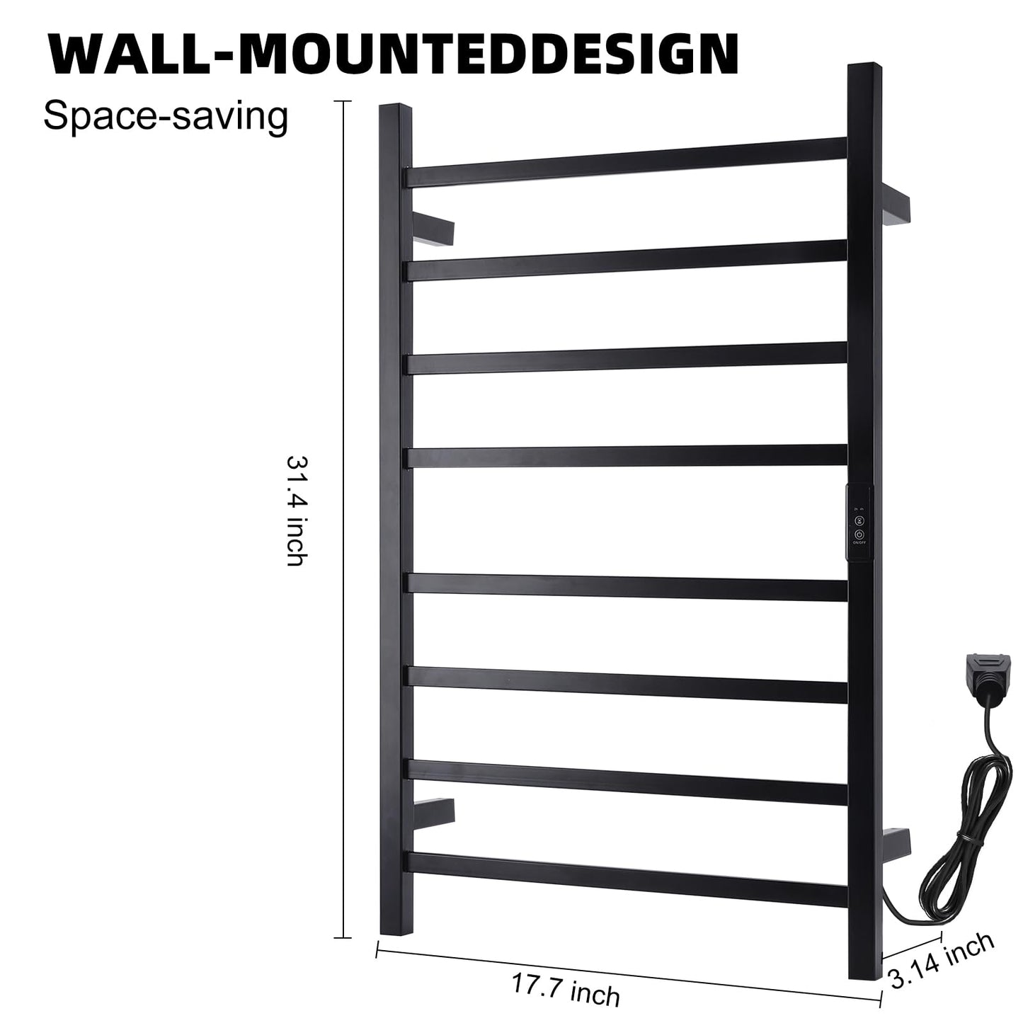 Towel Warmer Heated Towel Bar-Rack - Nopwer Bathroom Wall Mounted Electric Towel Drying Plug-in Matte Black 8 Bars