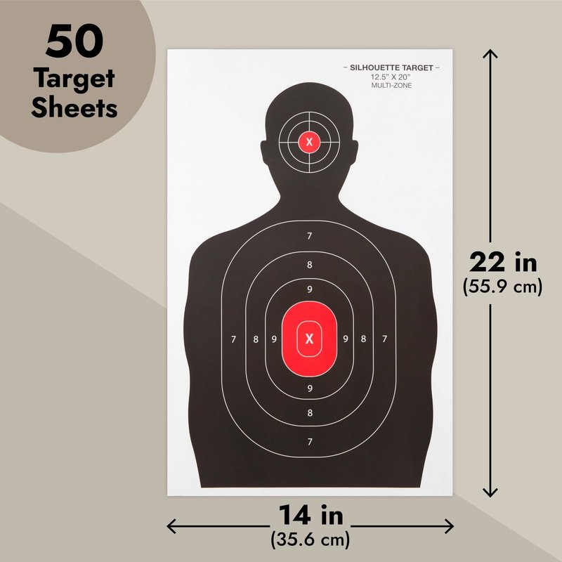 Juvale Paper Shooting Targets for Shooting Range - 50 Pack, 14 x 22 in, Silhouette & Red Bullseye - Pistol Targets