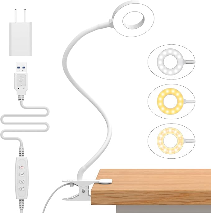 iZELL Book Light, Clip on Reading Light with Flexible Gooseneck, Dimmable LED Lamparas Clamp on Workbench Desk for Studying Painting Crafting Drawing Makeup Nail Tech Puzzle Task - 27.6‘’ White