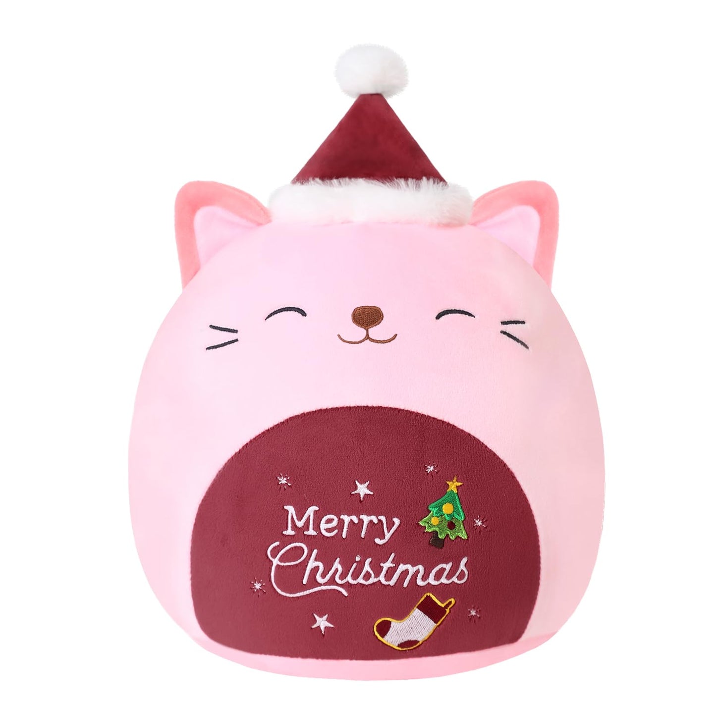 SQEQE Christmas Cat Stuffed Animal Pink Cat Plush Wearing Red Hat Kawaii Stuffed Toys Soft Home Plushie Decoration Gifts for Boys Girls (Red, 10 Inch)