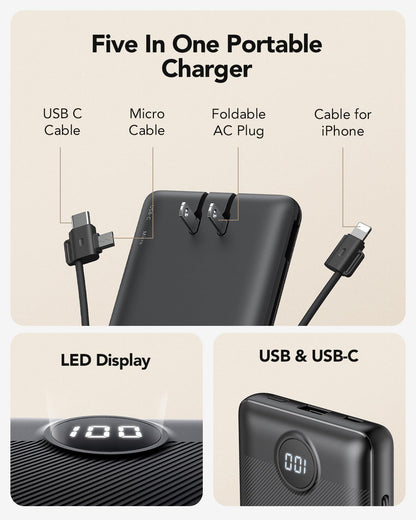 VRURC Portable Charger Built-in Cables and AC Wall Plug, USB C Power Bank 10000mAh, Travel Essentials Phone Charger Compact Lightweight External Battery Pack for Smart Phones, Tablets etc-Pink