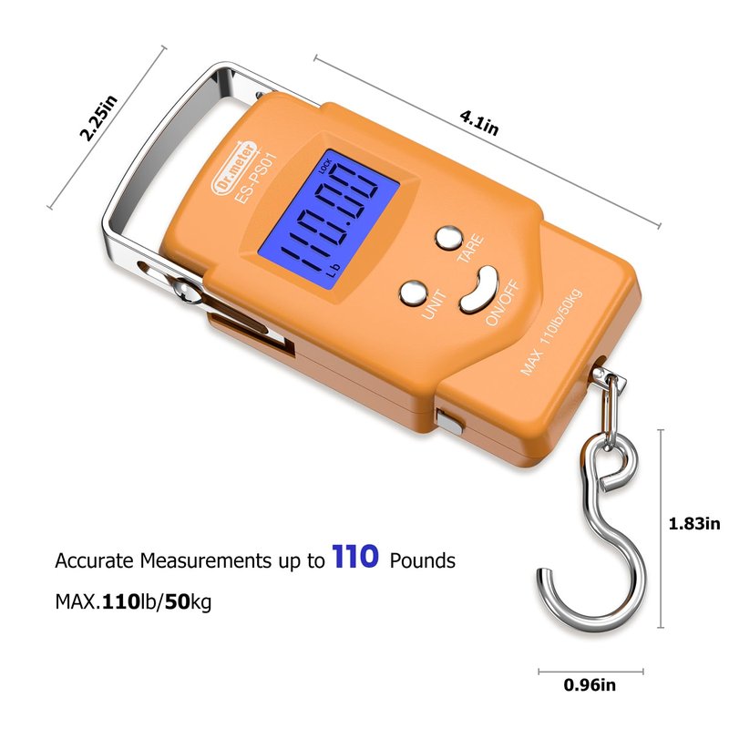 Dr.meter Fish Scale Luggage Scale Fishing Gear - 110lb/50kg Backlit LCD Display Digital Scale with Built-in Measuring Tape - Fishing Scale with 2 AAA Batteries, Pocket Size - Fishing Gifts for Men