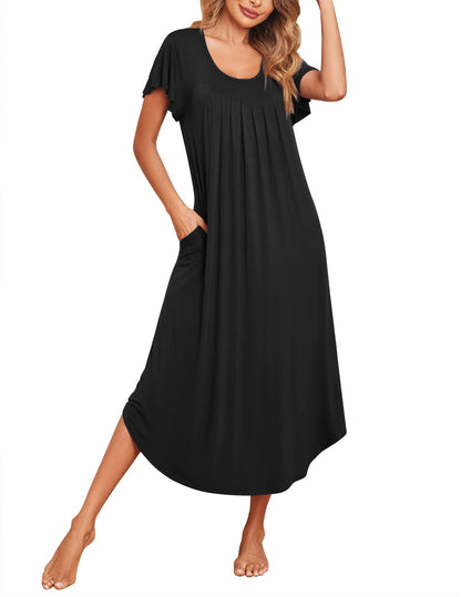 Ekouaer Women's Nightgowns Long Sleepshirt Short Flare Sleeve Sleepwear Soft Night Shirts with Pockets Black M