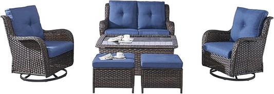 Rilyson Wicker Patio Furniture Set - 6 Piece Rattan Outdoor Sectional Conversation Sets with 2 Swivel Rocking Chairs,2 Ottomans,1 Loveseat and 1 Coffee Table for Porch Deck Garden(Brown/Blue)