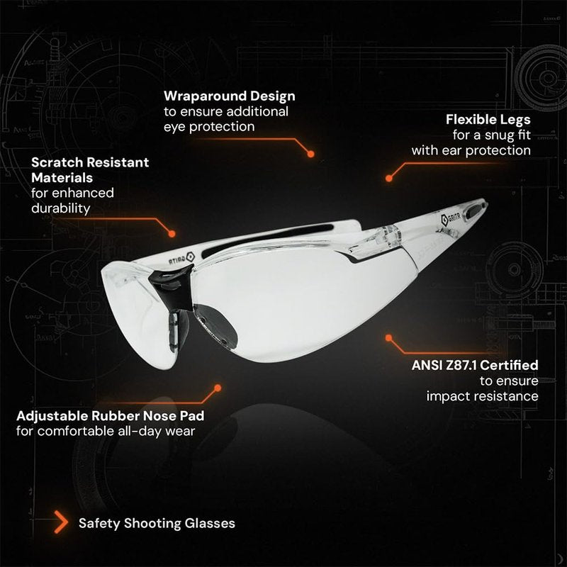 GRITR Shooting Glasses - ANSI Z87.1 Safety Glasses w/Anti-Fog Lenses - Scratch Resistant Protective Eyewear for Shooting Range, Sports, Work, Indoor & Outdoor Activities, Transparent Frame