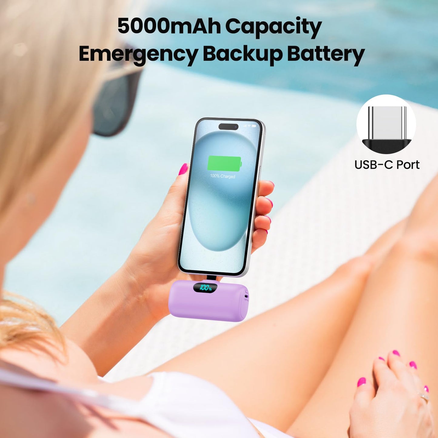 Mini Portable Charger USB C Power Bank,Upgraded 5000mAh PD Fast Charging Battery Pack Built-in USB-C Connector,LCD Display,Compatible with iPhone16,16 Plus,16Pro/Max/15,iPad Pro/Air,Android Phone etc
