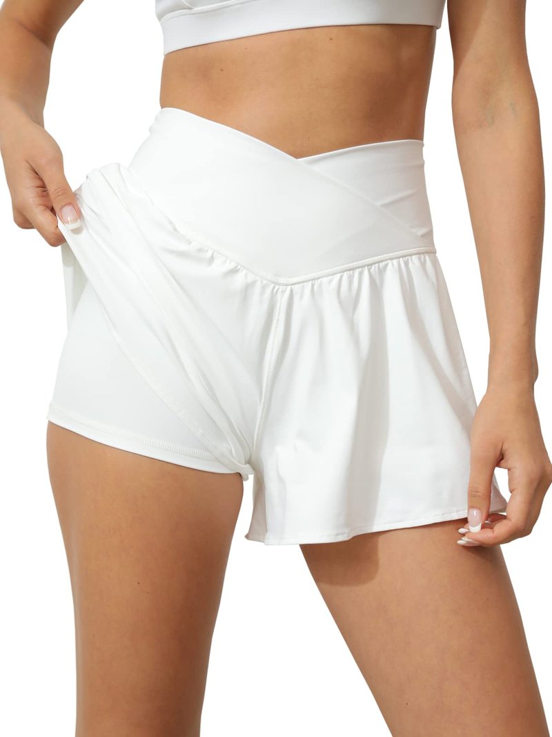 Tongmingyun Women Crossover Shorts Flowy Athletic Butterfly 2 in 1 Shorts with Pocket High Waist Running Workout Skorts White