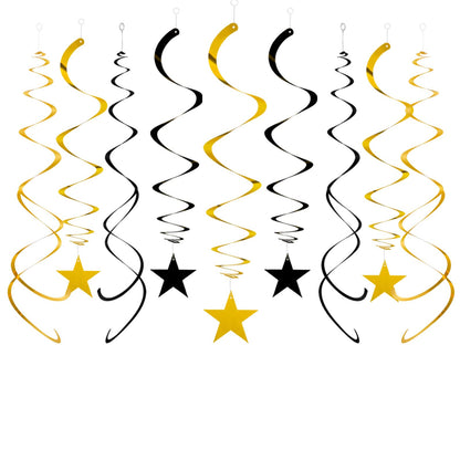 Capesaro Black Gold Star Hanging Swirl Decorations,Foil Streamers Ceiling Hanging Whirls Party Decorations,Pack of 20