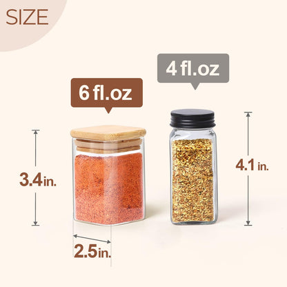 ComSaf 16Pcs Glass Spice Jars with Bamboo Lid, 4oz Airtight Square Spice Containers with 275 Black Lables, Empty Seasoning Jars for Spice Salt Sugar