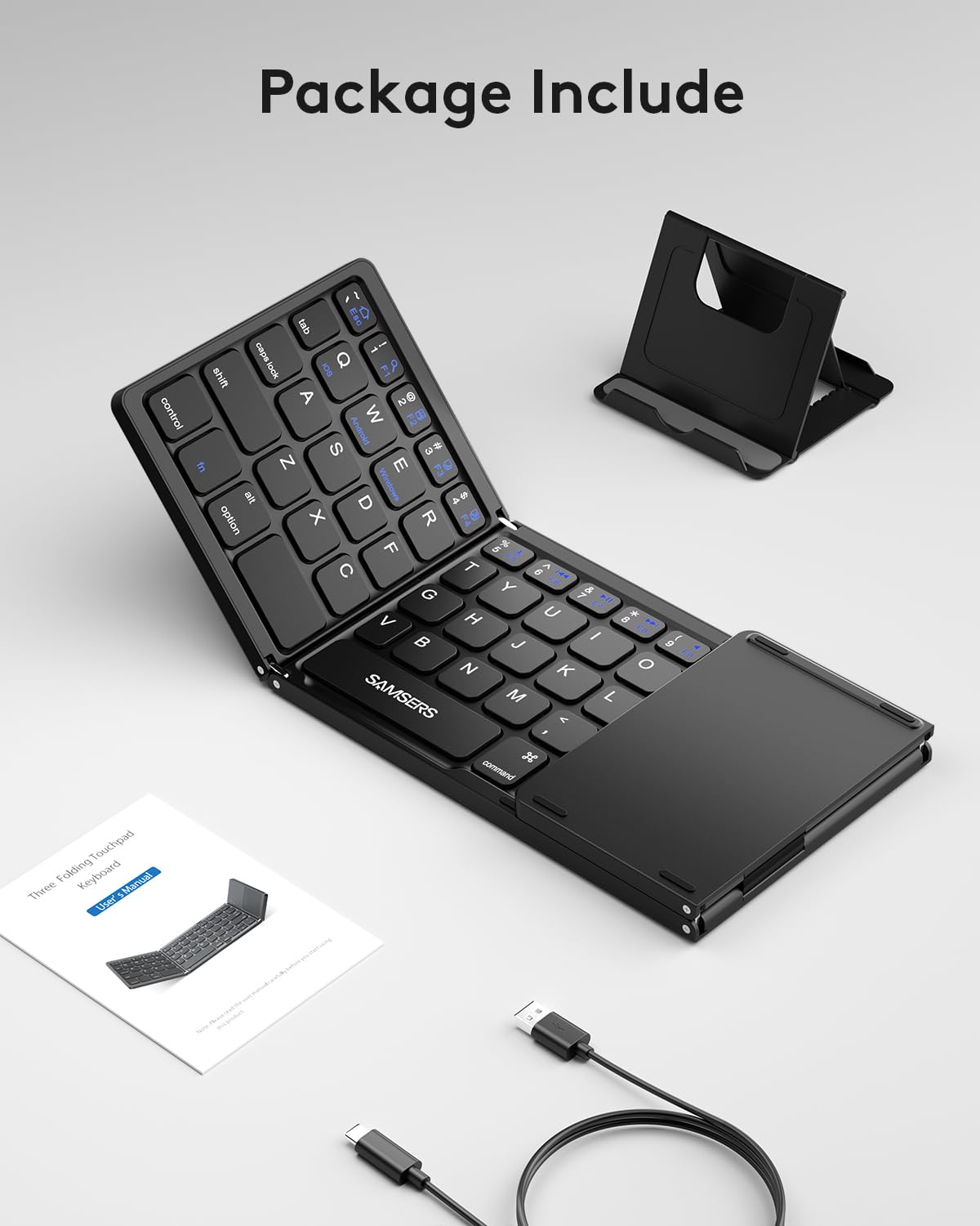 Samsers Foldable Bluetooth Keyboard with Touchpad - Portable Wireless Keyboard with Holder, Rechargeable Full Size Ultra Slim Pocket Folding Keyboards for Android Windows iOS Tablet & Laptop - Black