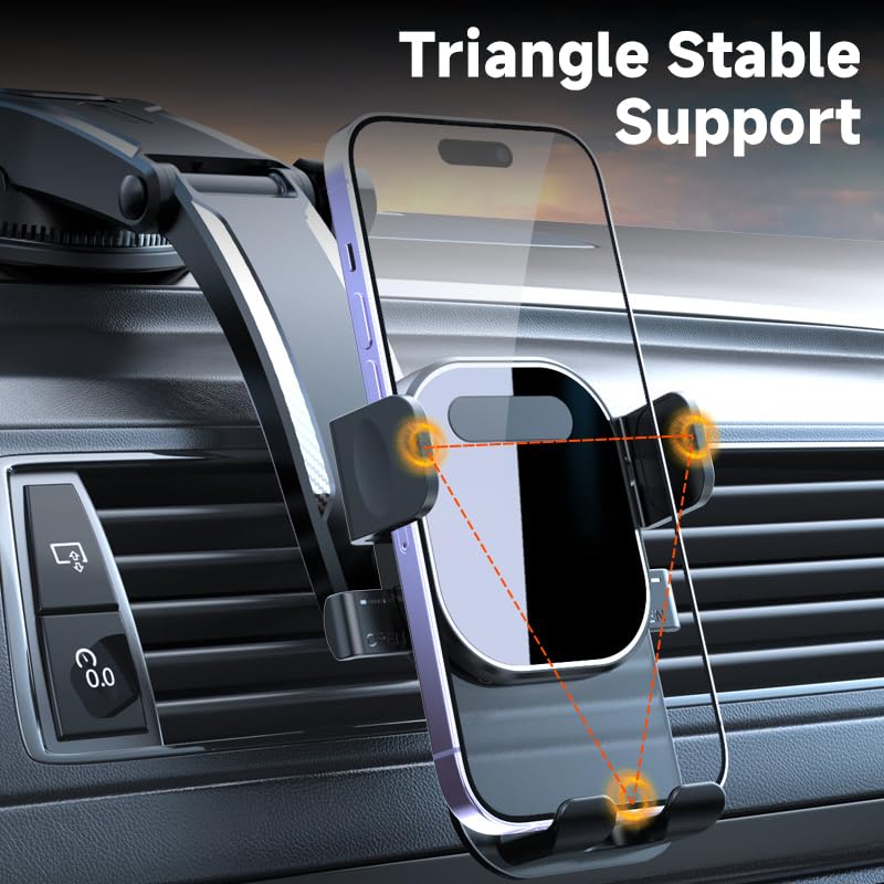 Car Phone Holder Mount, Suction Cup Phone Mount for Universal Car Windshield Dashboard Air Vent Compatible with All Smartphones, Black