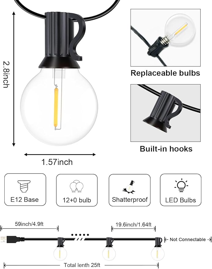 IKERY 100Ft Outdoor String Lights with 52 Shatterproof Clear Bulbs
