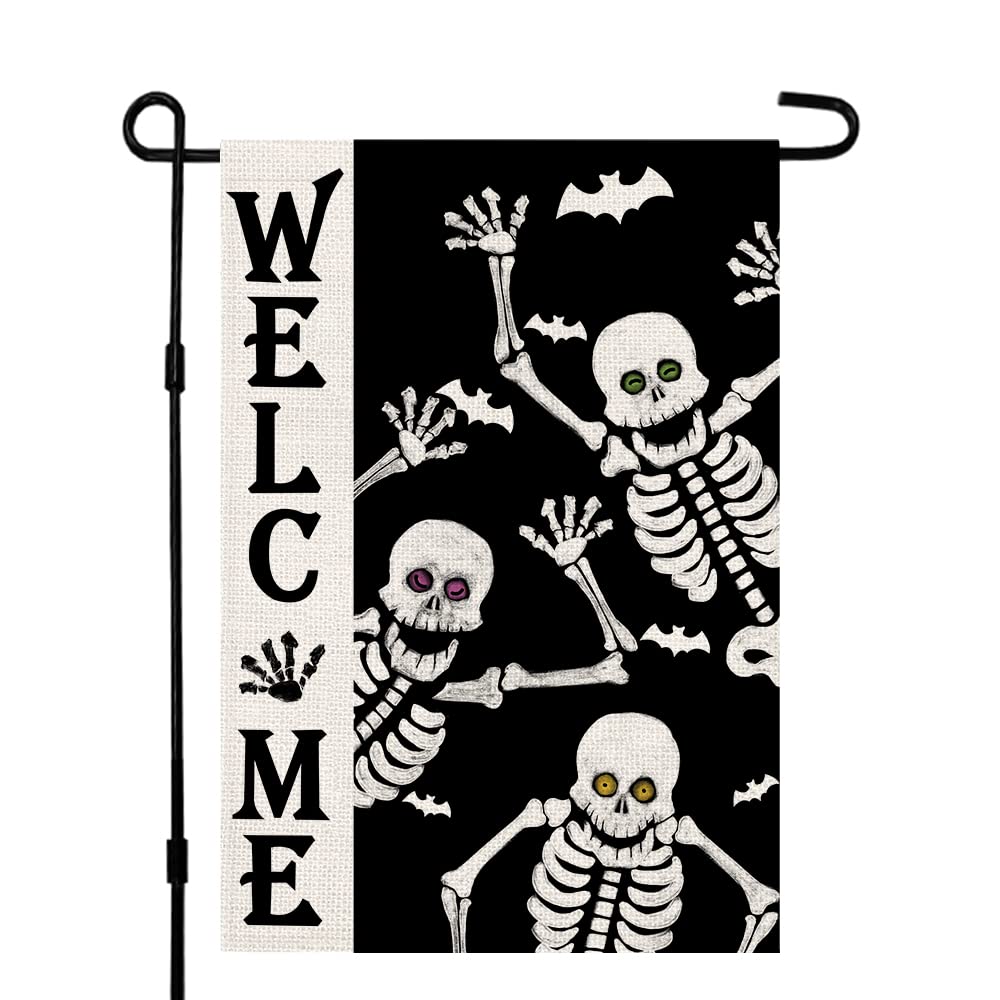 Welcome Halloween Skull Small Garden Flag Vertical Double Sided Burlap 12 x 18 Inches Yard Porch Outdoor Decor DF119
