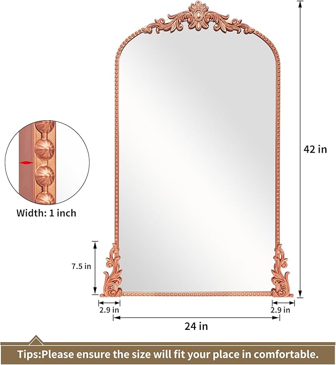 Growsun Arched Mirror, 24’’x42’’ Antique Baroque Traditional Ornate Wall Mirror Decor with Full Metal Frame for Fireplace/Entryway/Living Room/Bathroom