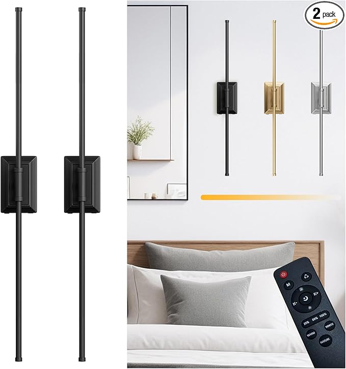 Battery Operated Wall Light Set of 2 - Black Picture Wireless Led Plug In Walls Sconce Fixture Indoor - Art Decor Bathroom Sconces Rechargeable - Modern Bedroom Cordless Lights Fixtures with Remote