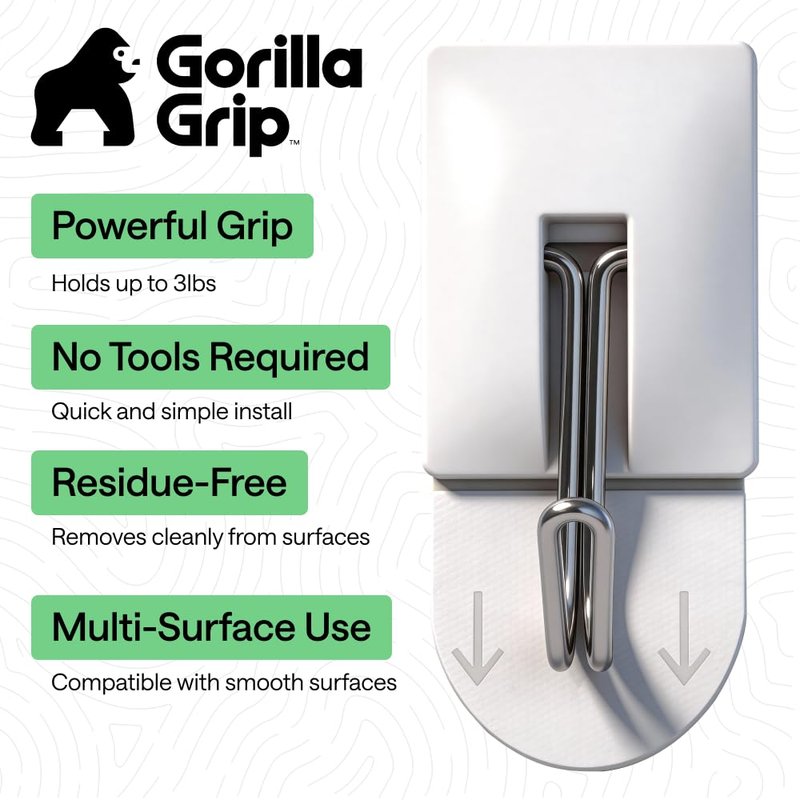 GORILLA GRIP Adhesive Hooks for Hanging, Heavy Duty Self Adhesive Wall Hooks, Damage-Free Removable Metal Hook, No Tools Required, Wall Hanger for Kitchen Bathroom Towel Coat Keys Purse, 5 Pack