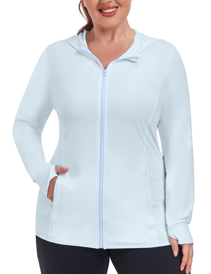 COOTRY Women's Plus Size UPF 50+ Sun Protection Jacket Lightweight Long Sleeve Zip Up Hoodie Cooling Sun Shirt Hiking Workout Light Blue 3XL