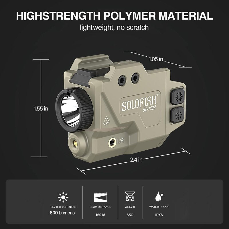 SOLOFISH 800 Lumens Pistol Light and Green Beam Combo, Strobe Function for Tactical Flashlight with Slidable Fits Guns w/Rail, Magnetic Charging, Desert Tan