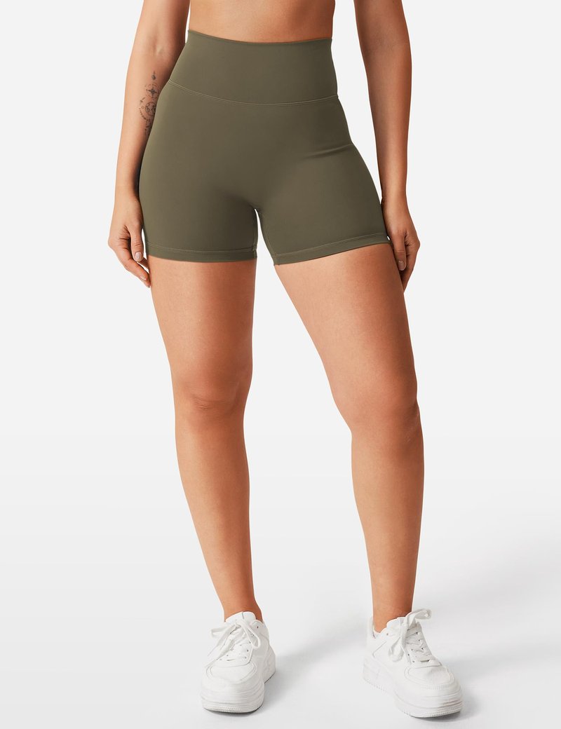 YEOREO Women's Biker Shorts 4.5" / 6" Workout Gym Shorts Craze High Waist Tummy Control Hidden Scrunch Running Yoga Olive Green M