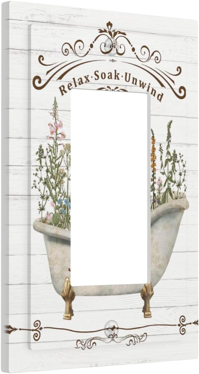 Rustic Farmhouse Wooden Board Botanical Flower Single Rocker/Decora Light Switch Plate Decorative 1 Gang Outlet Cover Faceplate GFCI Electrical Receptacle Wallplate Dimmer for Bathroom Home Decor