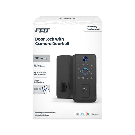 Feit Electric Smart Door Lock with HD Camera Doorbell, 1080p Video, Fingerprint & Keypad Entry, 2-Way Audio, Night Vision, App Control, Auto-Lock, 100 User Codes, USB-C Backup, Matte Black Finish