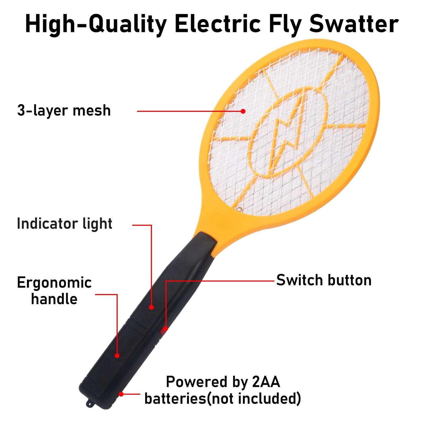 Electric Fly Swatter Handheld Bug Zapper - Indoor Outdoor Zapping Racket for Pest Mosquito & Flies - Battery Powered Safe to Touch with 3-Layer Safety Mesh, Standard Size, Pack of 2