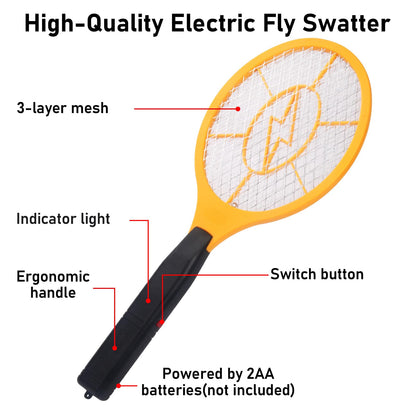 Electric Fly Swatter Handheld Bug Zapper - Indoor Outdoor Zapping Racket for Pest Mosquito & Flies - Battery Powered Safe to Touch with 3-Layer Safety Mesh, Standard Size, Pack of 2