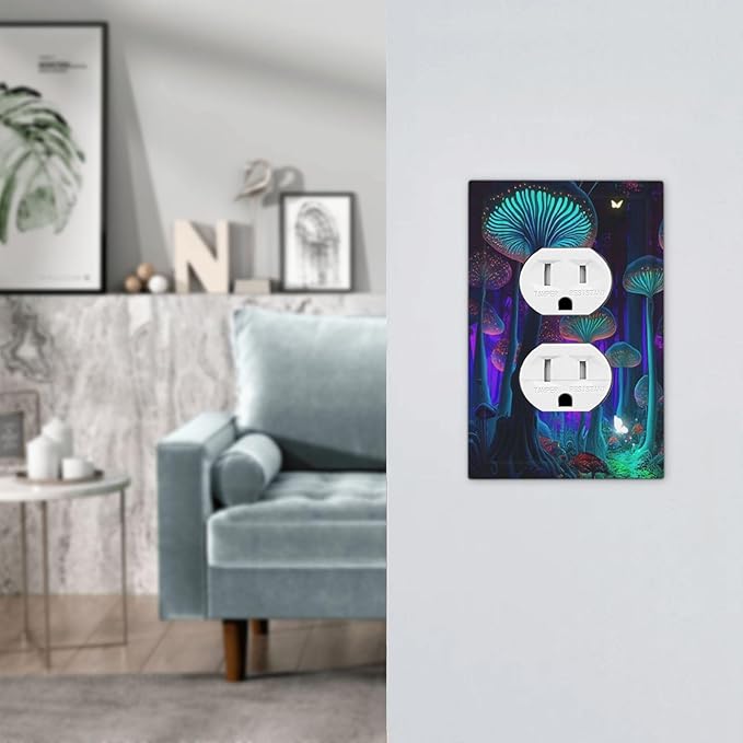 Fantasy Mushroom Forest Glowing Butterfly 1 Gang Duplex Receptacle Switch Wall Plate Decorative Switchplate Outlet Covers Electrical Plug Cover Faceplate for Bathroom Home Decor