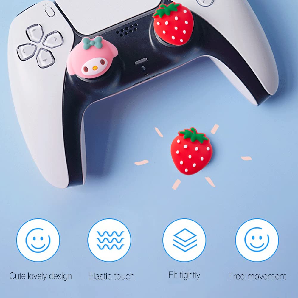 PERFECTSIGHT Cute Thumb Grip Caps for Switch 2 2025, PlayStation 4/5, PS5, PS4, Xbox Series X/S, Xbox One, Switch Pro Controller, 4PCS Kawaii Soft Rubber Analog Thumbsticks Joystick Cover, Strawberry