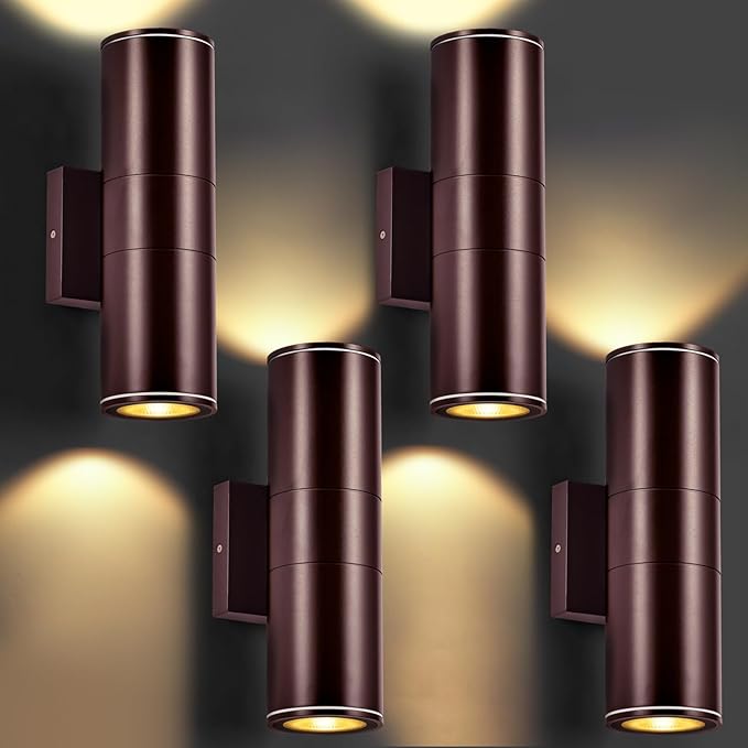 Outdoor Wall Lights 4Packs, Integrated LED Cylinder Up Down 12W 2700K Modern Aluminum Light(Brown)