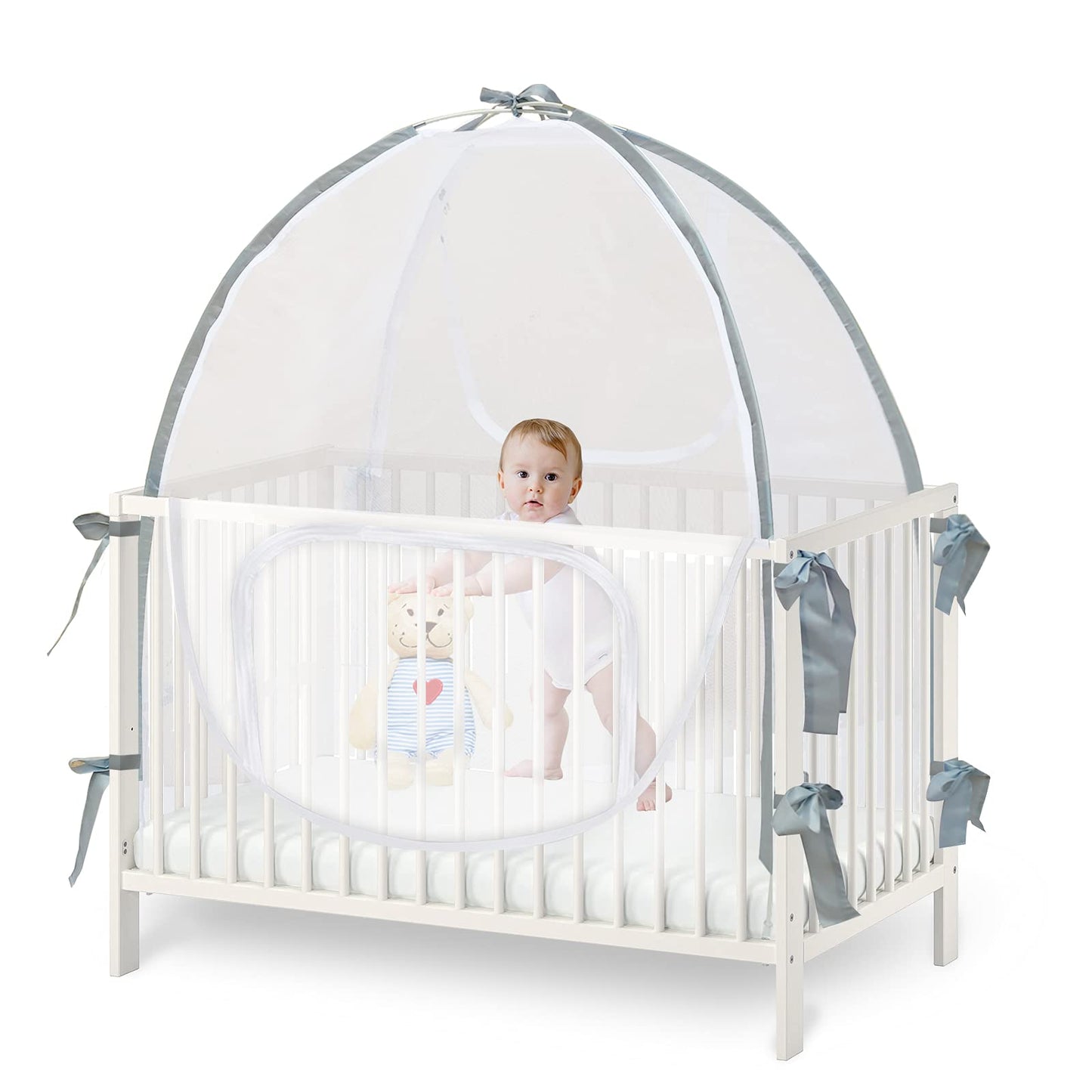 Baby Crib Tent Safety Net, Durable Strong Self-Locking Zippers, Protects from Climbing Out and, Insects, Mosquitoes, Installs with Rods (Crib 52.25" - 28.25")