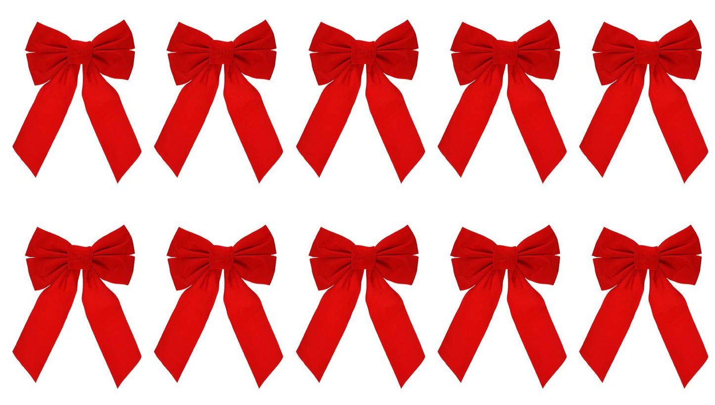 Set of 10 Red Velvet Christmas Wreath Bows, 9"x13" - For Garland, Gifts, Parties - Indoor/Outdoor Holiday Decor