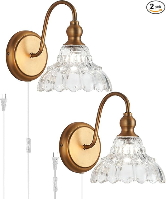 Plug in Vintage Wall Sconces Set of Two Brass Modern Wall Light Fixtures Antique Vanity Lights for Living Room Fireplace Bathroom Bedroom Coffee Room