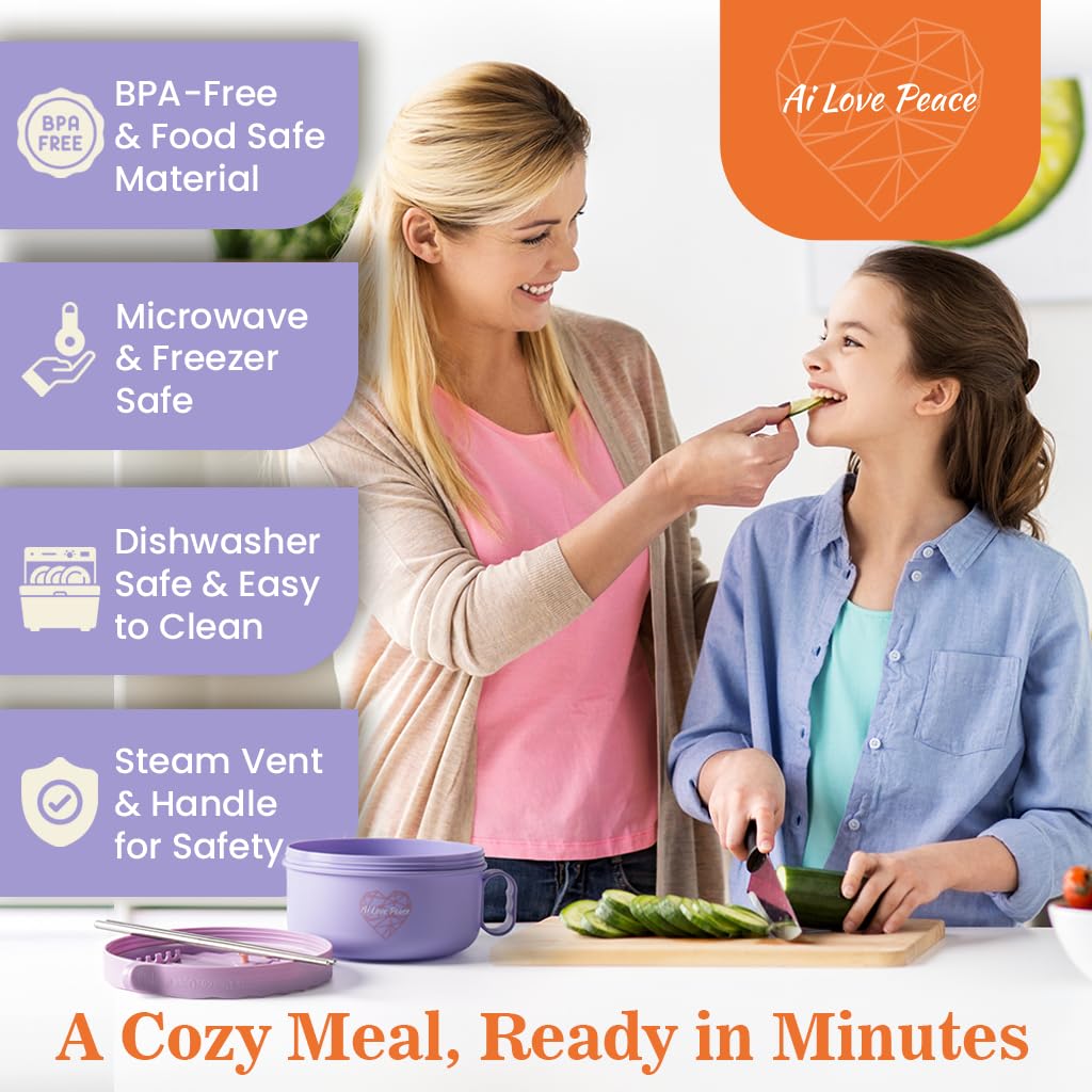 AI LOVE PEACE Ramen Bowl, 40 oz Microwaveable Noodle Cooker for Ramen, Pho, Soup, and Pasta, Dishwasher Safe and Portable, Ideal for Home, Office, Dorm, or Gift (Purple)